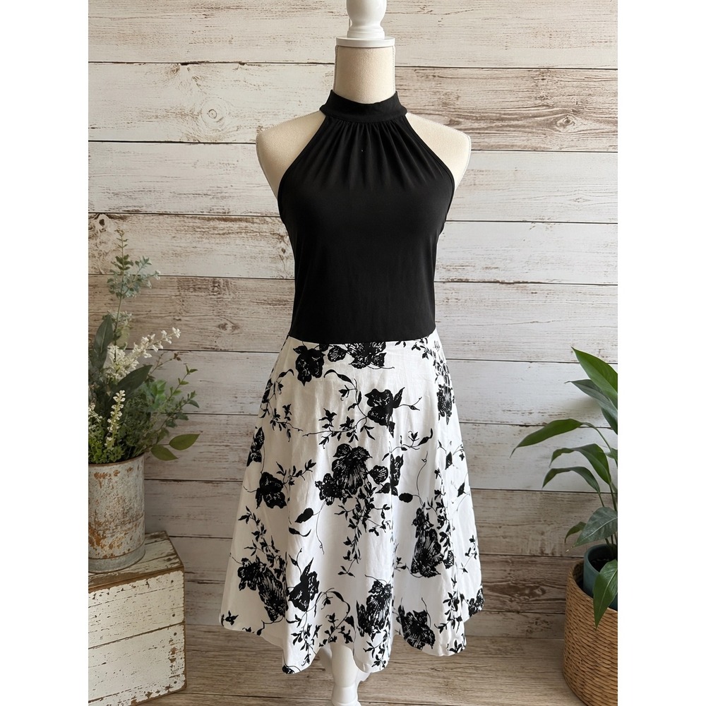 MSBASIC Womens Black Halter Floral A-Line Dress White Flower Print Medium Cotton